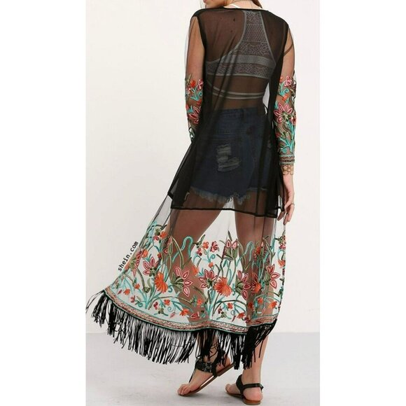 Womens Kimono Cover Up Long Size XXL Black Sheer Floral Embroidered Fringed - Picture 2 of 13